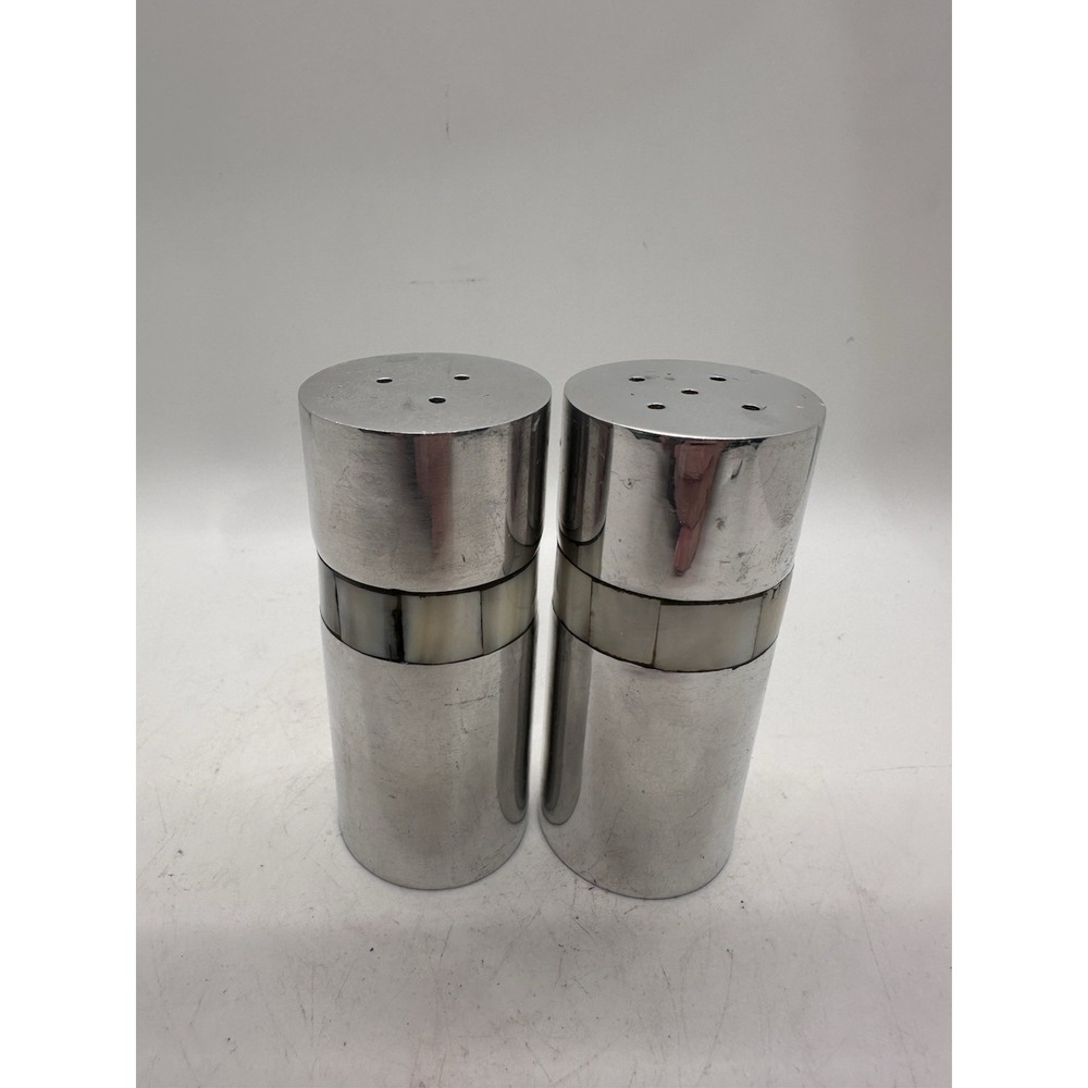 Vintage Towle Silver Salt & Pepper Shakers Mother of Pearl Inlay 4" Set